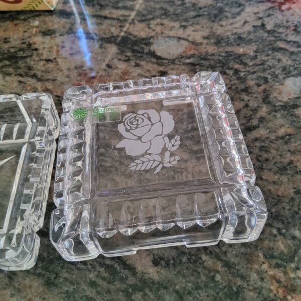 "Irish Rose" square engraved glass Trinket Box by Galway Ireland