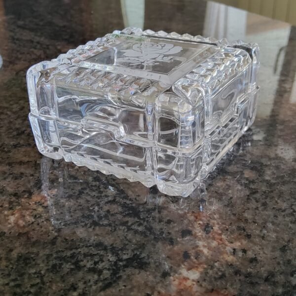 "Irish Rose" square engraved glass Trinket Box by Galway Ireland